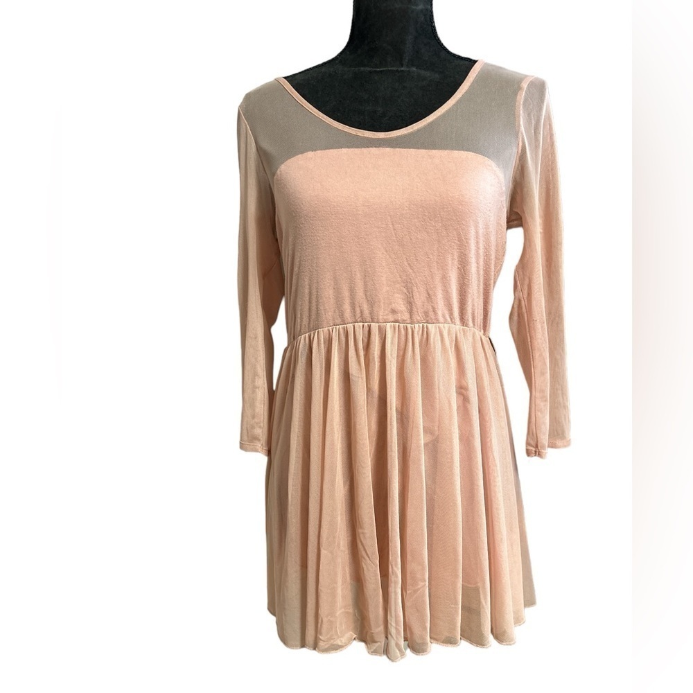 Gimmicks by BKE Pink Mesh Overlay Gathered Waist Long Sleeve Top Size L